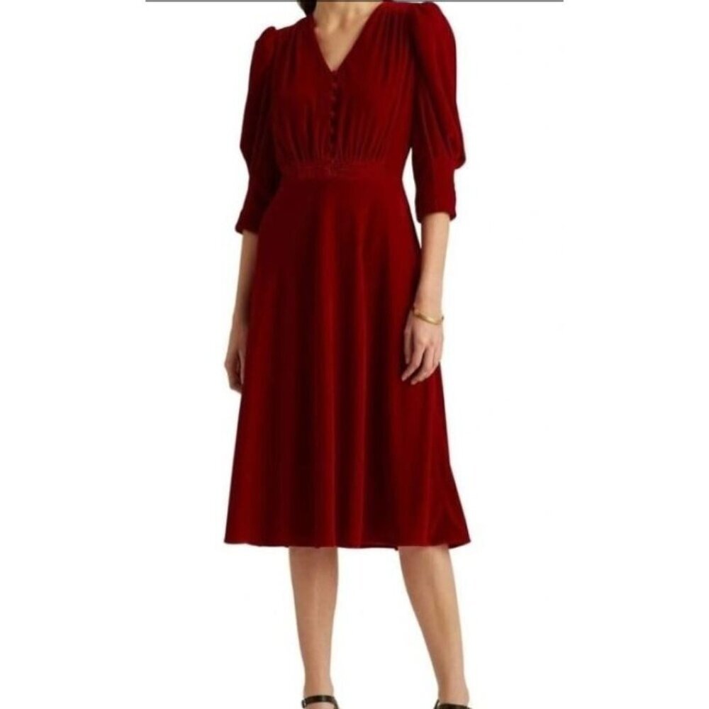 Lauren Ralph Lauren Women's Velvet Red Puff Sleeve Dress 3/4 Sleeve Size 14
